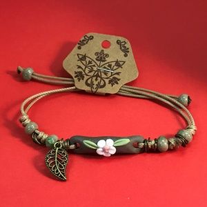 Ceramic Flower Bracelet with Leaf Charm Brown Cord